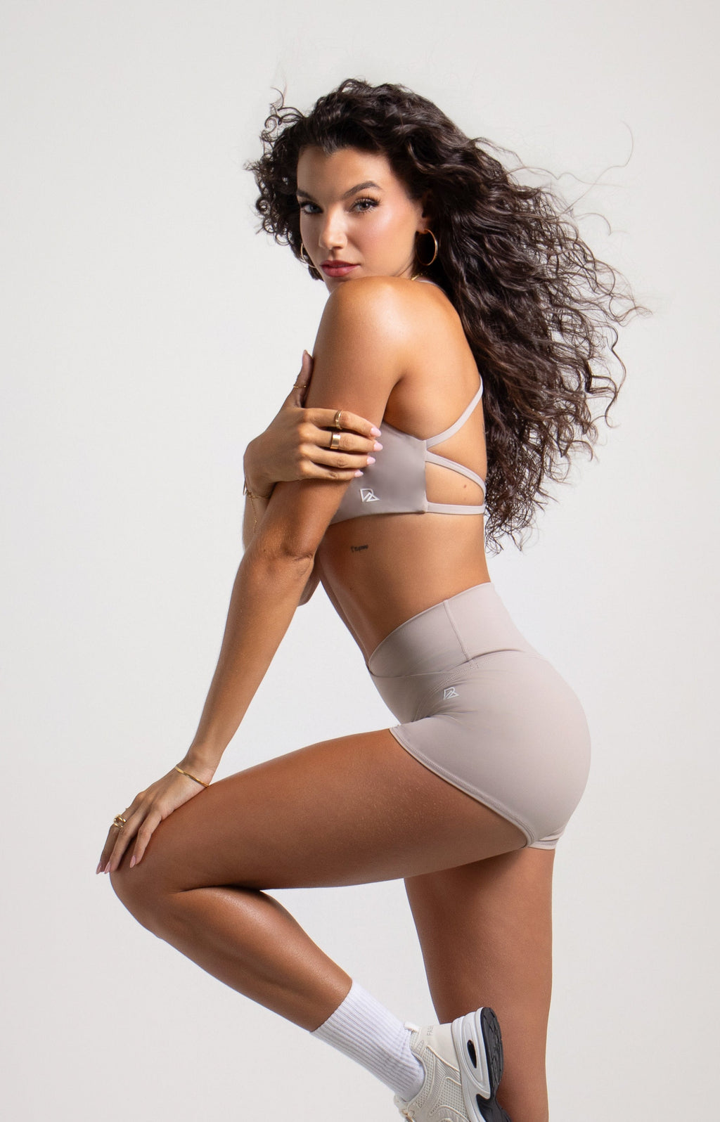 Women's Strappy Open-Back Sports Bra - Mocha Taupe | Scoop Neckline Medium Support